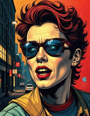 The primary subject of the image is a woman wearing sunglasses and a yellow jacket. She is standing on a city street, with a car visible in the background. The setting is an urban environment, and the visual style appears to be a combination of digital art and illustration. The colors in the image are predominantly yellow and red, creating a warm and vibrant atmosphere.